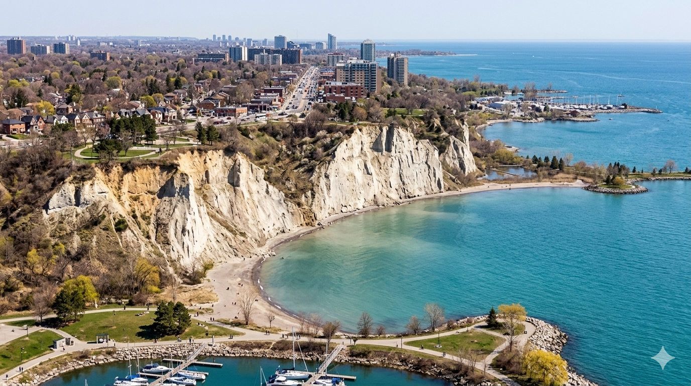 Aerial view of the Scarborough Bluffs and Lake Ontario